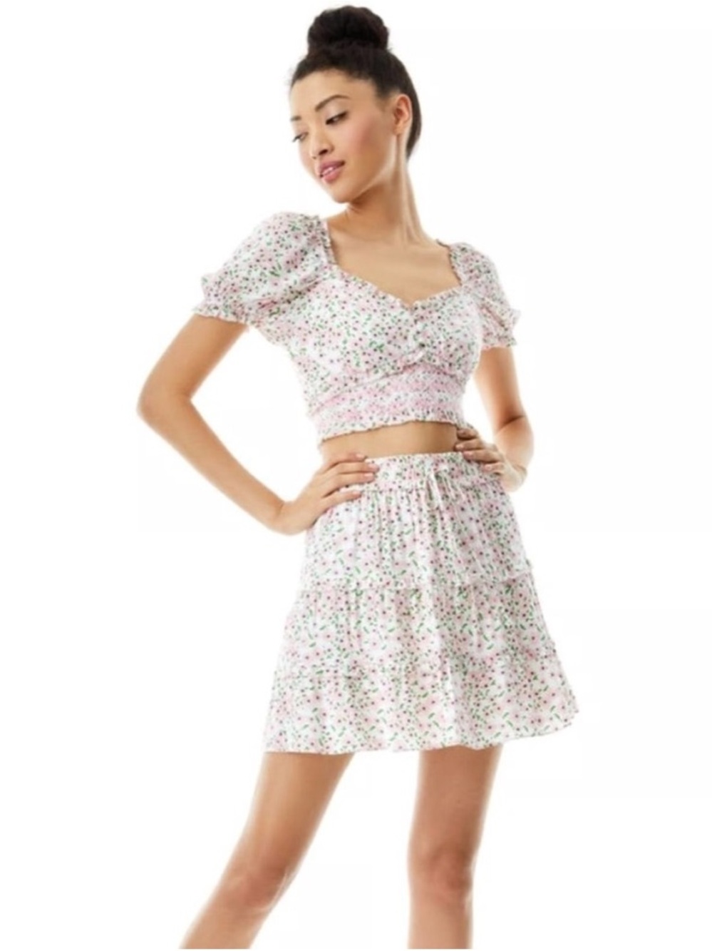 Alice + Olivia Pink Floral Tiered Drawstring Skirt Set